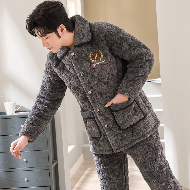 秋冬季男士睡衣珊瑚绒冬款加厚加绒保暖法兰绒三层夹棉家居服套装