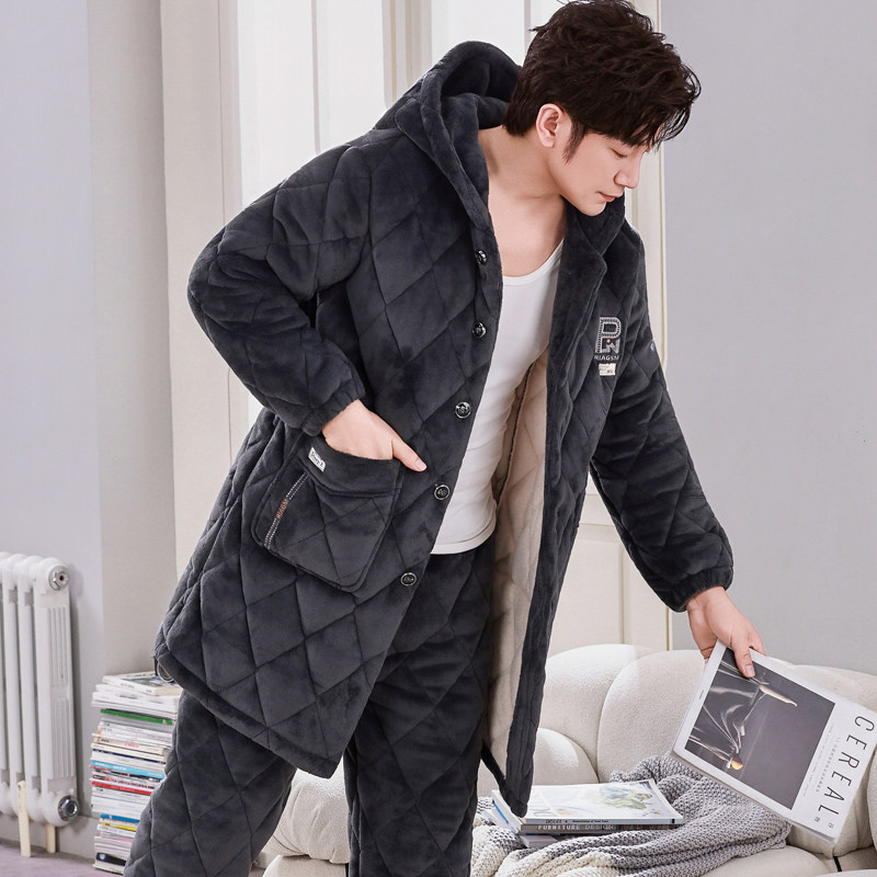 加长款连帽秋冬季珊瑚绒男士睡衣三层夹棉加厚加绒家居服保暖套装