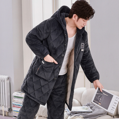 加长款连帽秋冬季珊瑚绒男士睡衣三层夹棉加厚加绒家居服保暖套装