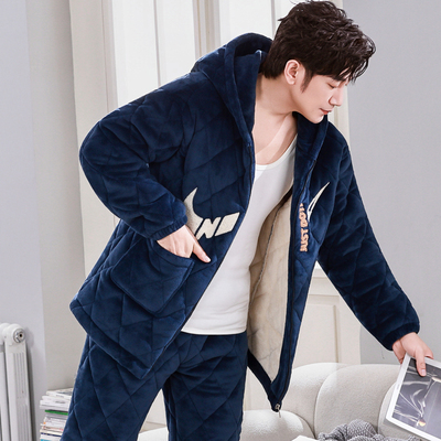连帽秋冬季男士睡衣珊瑚绒三层夹棉加厚加绒保暖法兰绒家居服套装
