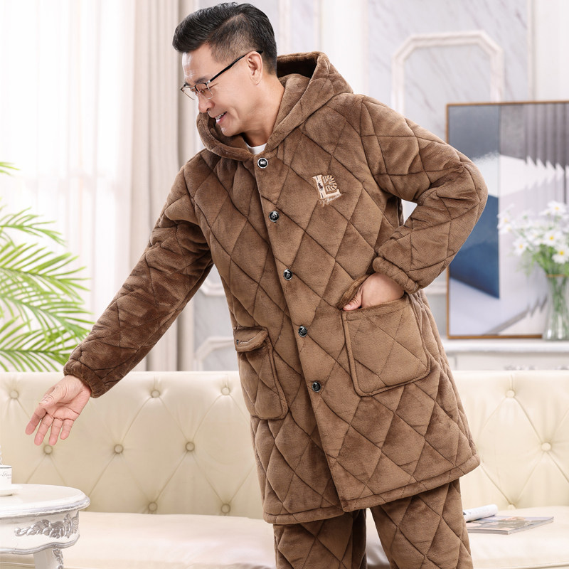 加长款连帽睡衣男士秋冬季三层加厚加绒珊瑚绒夹棉中老年保暖爸爸