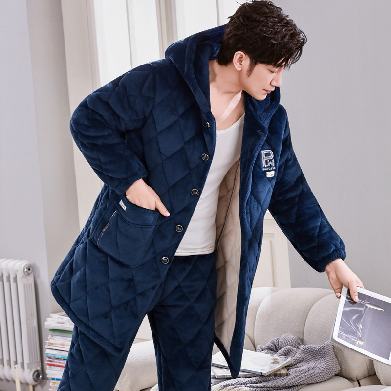 加长款连帽睡衣男士秋冬季珊瑚绒青年加厚加绒夹棉保暖家居服套装