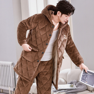 加长款连帽秋冬季男士睡衣珊瑚绒三层夹棉加厚加绒保暖家居服套装