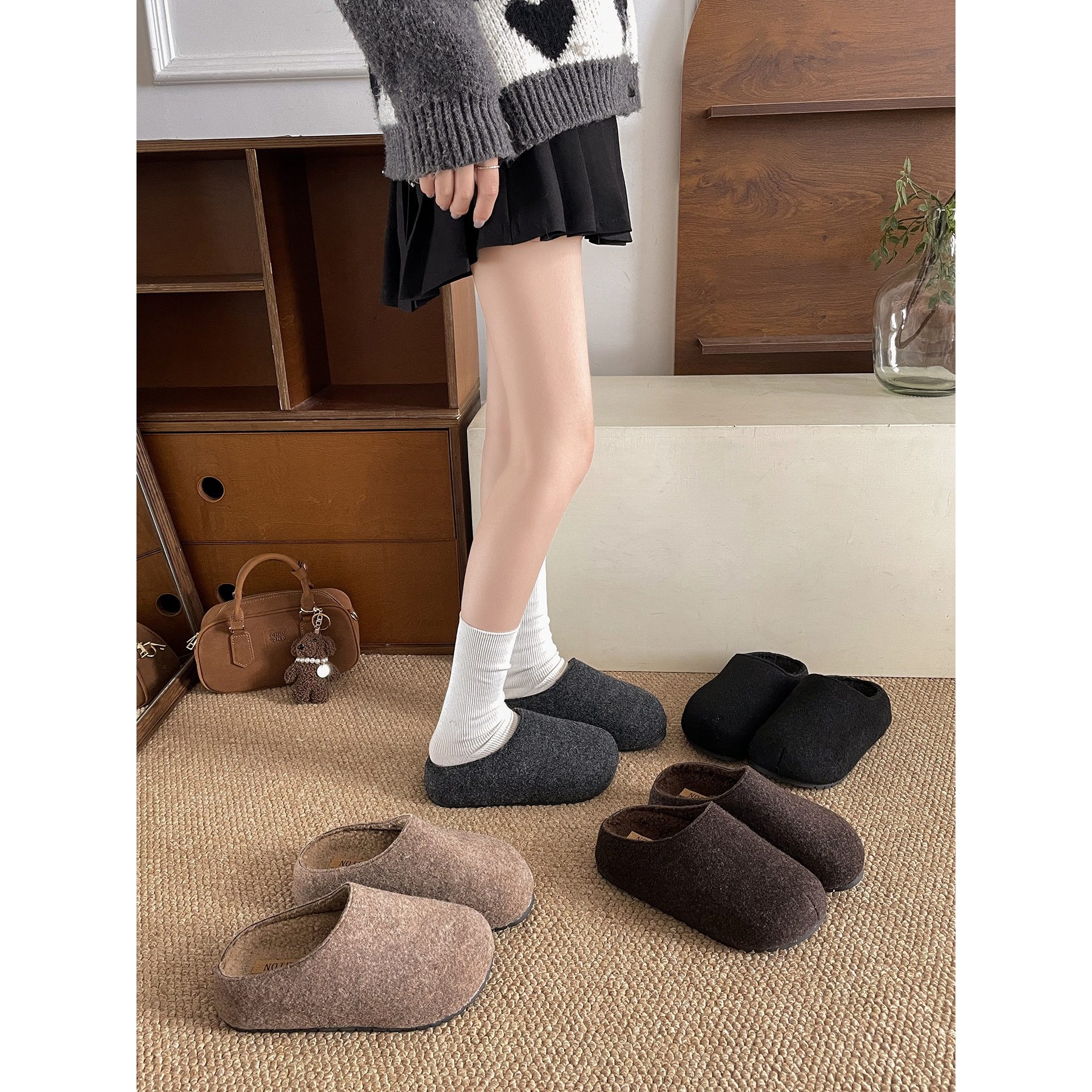 复古黑色法式厚底半拖勃肯鞋女2025新款秋冬外穿保暖加绒棉拖鞋子