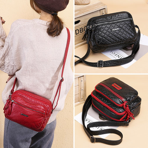 软皮斜跨多口袋中年防水收钱包