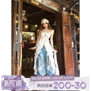 一字肩蕾丝网纱镂空吊带T恤女夏季 南理香茶白茉莉 辣妹显瘦上衣