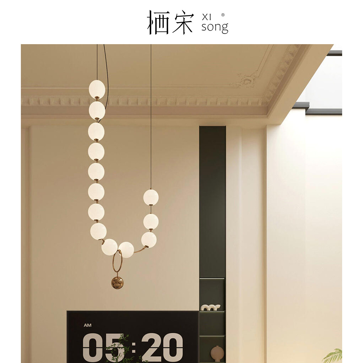 轻法式魔豆餐厅吊灯现代简约铜色珍珠项链吧台灯loft楼梯佛珠吊灯图片