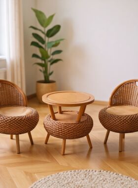 藤编藤椅单人小椅子阳台客厅矮靠背椅榻榻米编织凳成人圆形