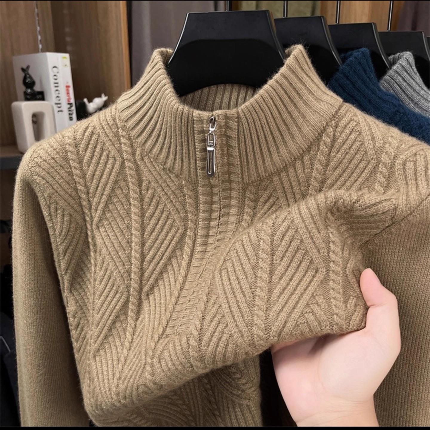 宏嫩轻奢服饰男装飞行员针织衫秋冬男士半拉链粗针立领加厚毛衣潮