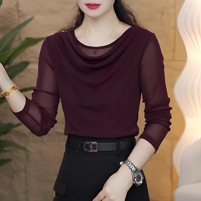 臻初女装春秋新款长袖堆堆领T恤女弹力网纱打底衫妈妈装洋气上衣