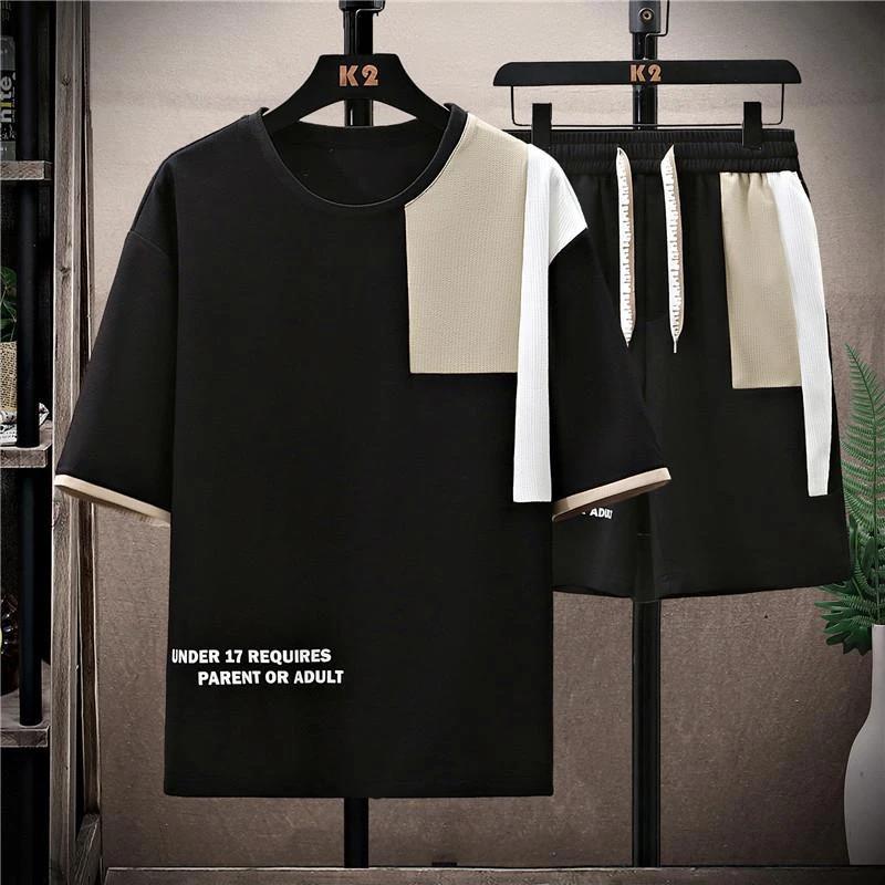 星博精选男士套装夏季新款宽松拼色休闲运动两件套时尚百搭男装潮