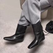韩版 加绒牛皮版 2026年款 方头真皮内增高短靴女百搭气质套筒切尔西