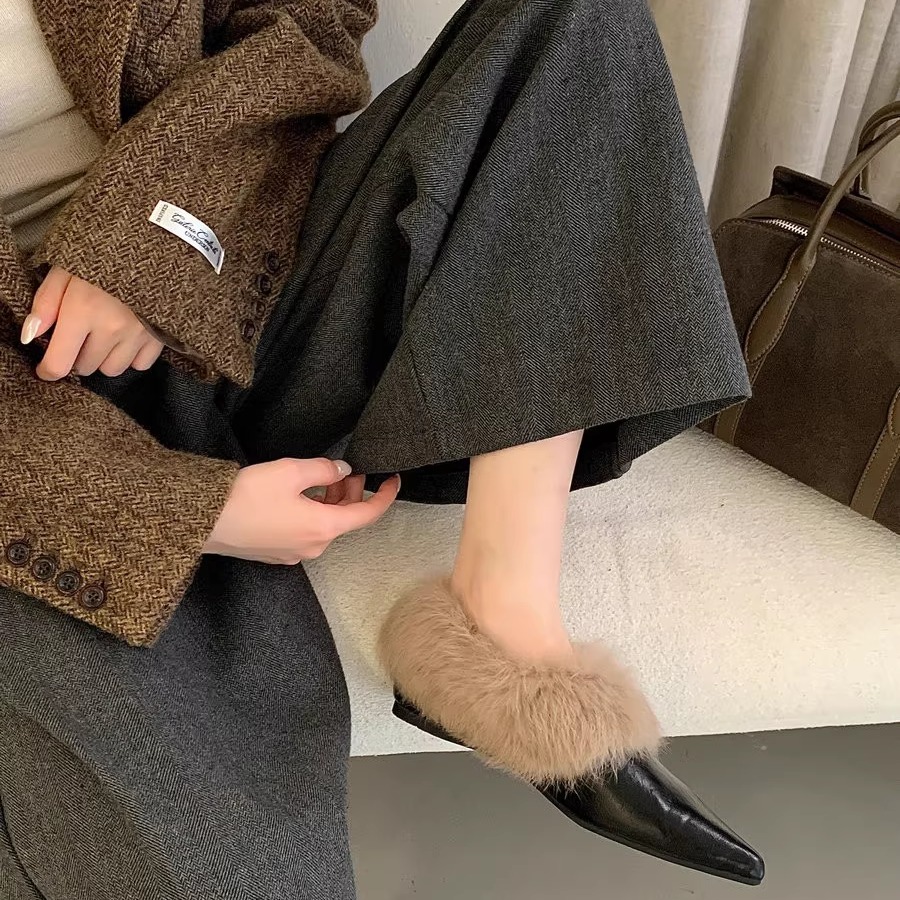 毛七七法式尖头加绒毛毛鞋