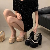 12cm走秀T台鞋 女粗跟方头小个子凉鞋 恨天高鞋 一字带防水台高跟鞋