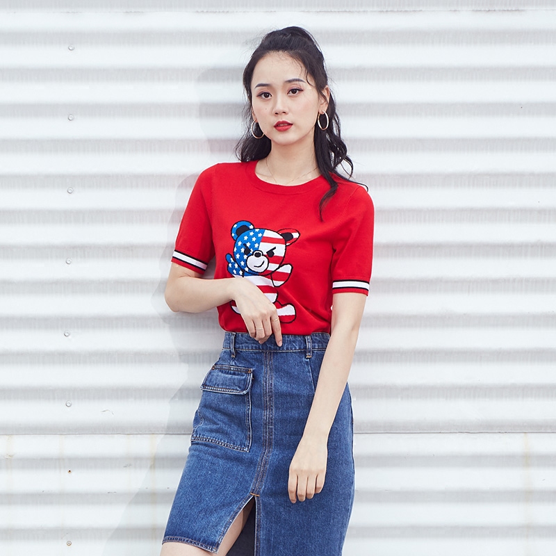 Plus five ya2018新品女夏裝短袖卡通圓領針織套頭衫2GN2KW5A56