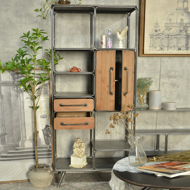 美式铁木结合陈列多层架客厅创意民宿收纳靠墙储物柜复古展示陈列
