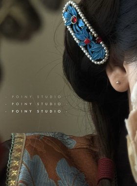 烧蓝复古蓝色花朵发夹女珍珠发卡女气质高级感新中式弹簧夹发饰