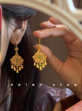 复古假黄金色菱形流苏耳环民族风新年好运小众轻奢财运精致女耳饰