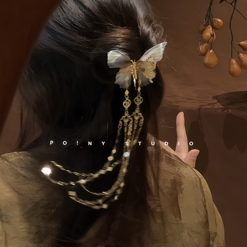 新中式民族风蝴蝶发夹女长款流苏吊坠发饰超仙小众拍照头饰夹子