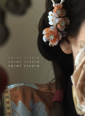 新中式橙色花朵发夹女气质高级感氛围感珍珠边夹发饰夹子头饰新品