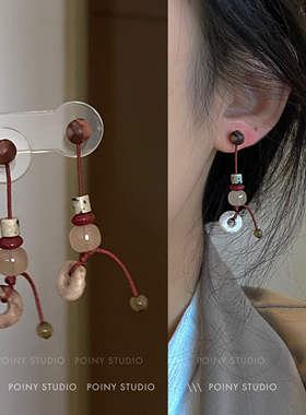 新中式仿玉耳坠耳环小众设计感复古红色耳钉本命年长款耳饰女秋冬