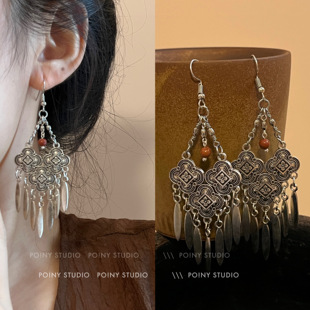 民族风苗族耳环女气质高级复古流苏长款耳坠异域夸张纯银耳饰耳夹