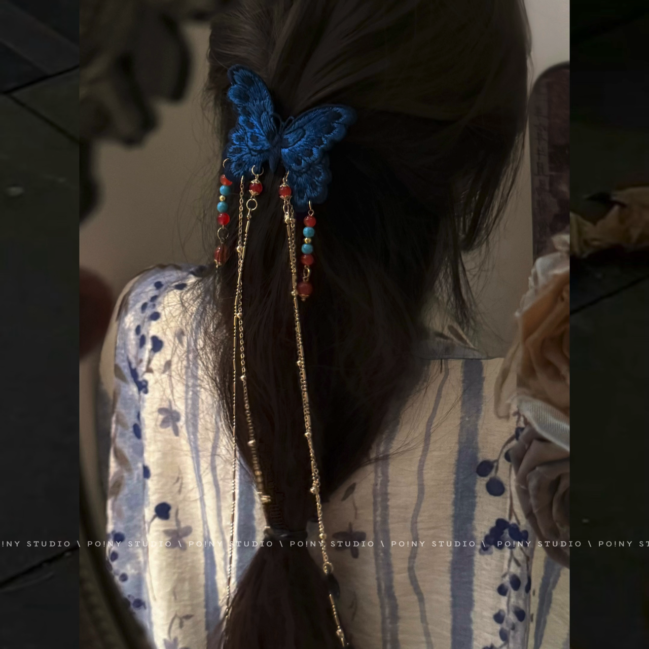 复古刺绣蓝色蝴蝶流苏发夹女民族风彩色串珠边夹发饰古风拍照配饰