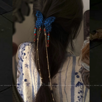 复古刺绣蓝色蝴蝶流苏发夹女民族风彩色串珠边夹发饰古风拍照配饰
