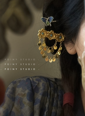 小财神金色花朵流苏发夹女小众设计高级感气质精致刘海夹发饰头饰