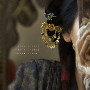 小财神金色花朵流苏发夹女小众设计高级感气质精致刘海夹发饰头饰