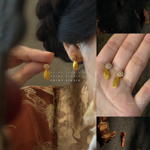 复古宫廷风几何花朵耳钉女金色水钻轻奢气质百搭设计师款耳环耳饰