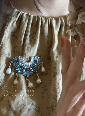 复古宫廷风珍珠流苏胸针女蓝色花卉别针小清新文艺衣服毛衣配饰