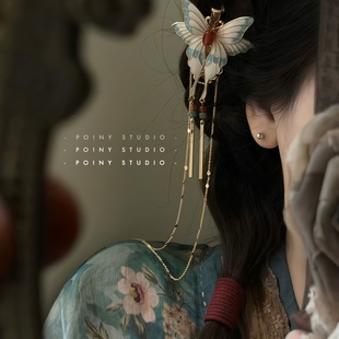 古风珐琅彩蝴蝶发夹金属流苏吊坠汉服发饰仙气飘飘小众设计款边夹