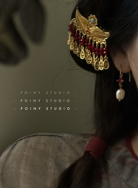 复古红色锆石流苏发夹女小众设计感高级感气质精致新年发饰头饰