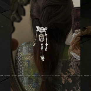 复古风蝴蝶流苏U型发簪女小众设计感银色金属发饰汉服古风配饰