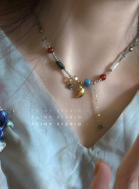 小众设计师金属月亮天然石项链女轻奢高级感彩色珠子锁骨链毛衣链