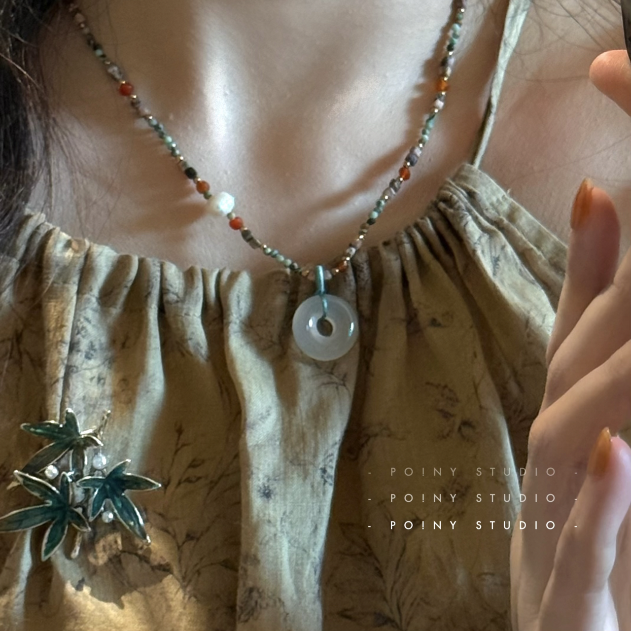 天然石串珠项链玉石平安扣吊坠锁骨链轻奢复古可调节编织绳毛衣链