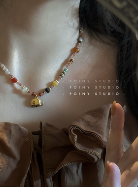 设计师串珠金属小象项链女高级感轻奢彩色吊坠锁骨链毛衣链配饰