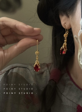 复古红色锆石耳环女小众设计感高级感气质精致水滴耳坠新年耳饰