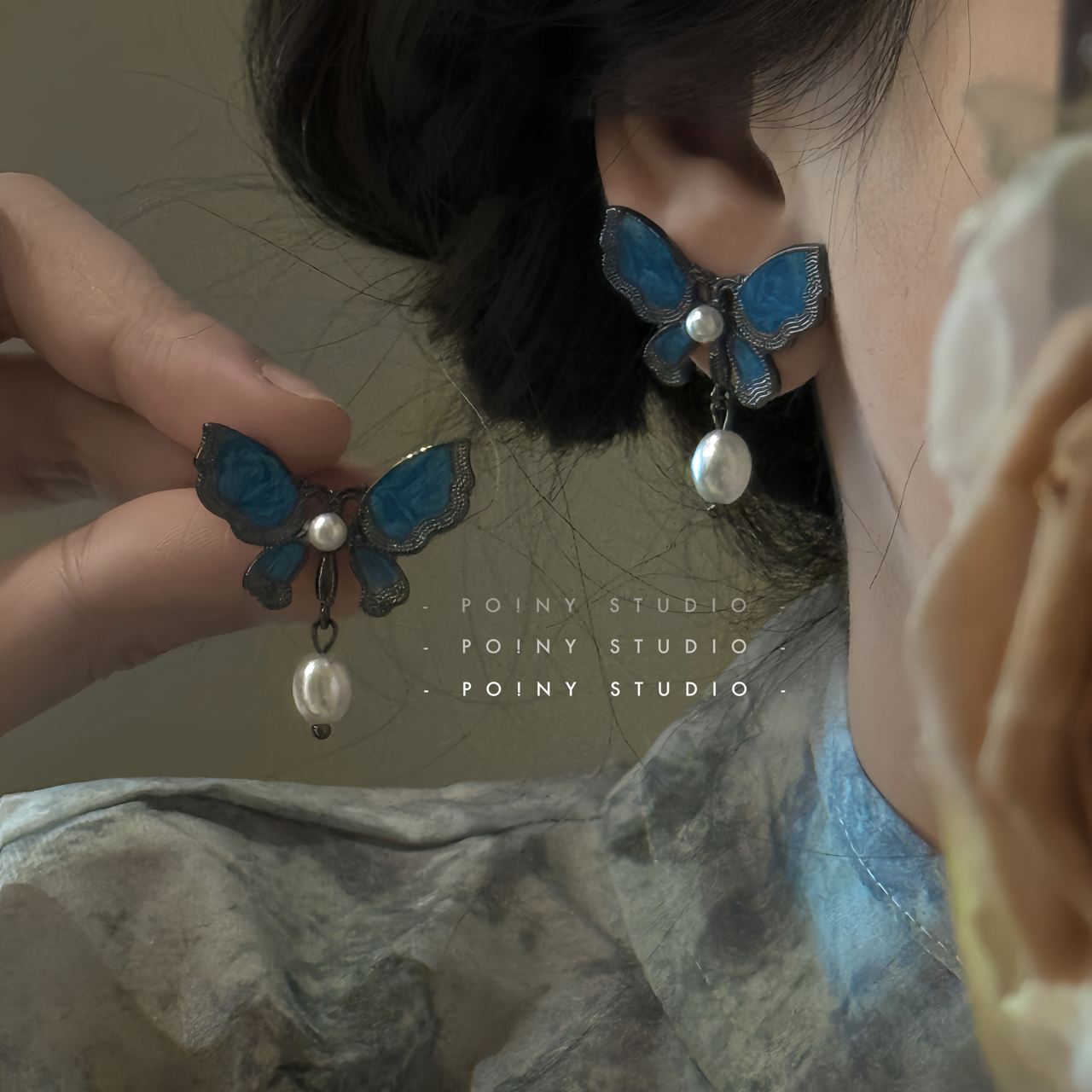 复古蓝色蝴蝶珍珠耳钉女小众设计感镶钻耳饰气质高级感耳环新款,饰品/流行首饰/时尚饰品新,耳环,淘宝优惠券,粉丝福利购,淘宝优惠卷