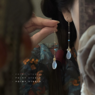 古风汉服耳饰超仙长款水滴玉髓耳环汉元素配饰古装写真拍照耳坠