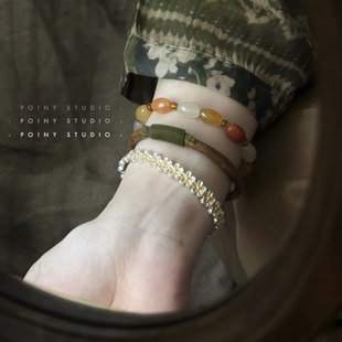 「玉绾」叠戴串珠手链鸡血藤手镯花朵纯银999.9小众设计爆款手饰