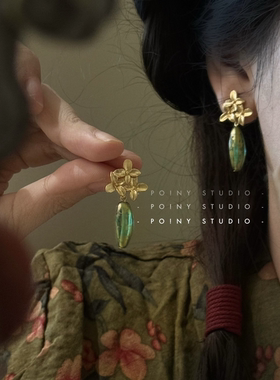 原创复古水滴耳坠金色小花耳钉女轻奢高级感简约百搭耳环耳夹耳饰
