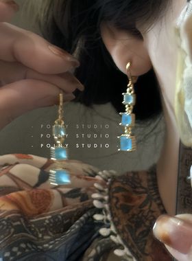 复古民族风蓝色方形耳环女小众简约气质高级感百搭流苏长款耳饰