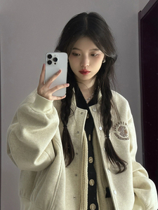 hey joy纯色短款毛呢棒球服女时髦宽松显瘦秋季外套