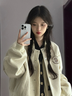 hey joy纯色短款毛呢棒球服女时髦宽松显瘦秋季外套