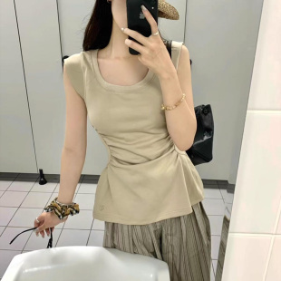 韩系极简气质修身 高级感褶皱收腰设计百搭上衣女 显瘦无袖 T恤夏季