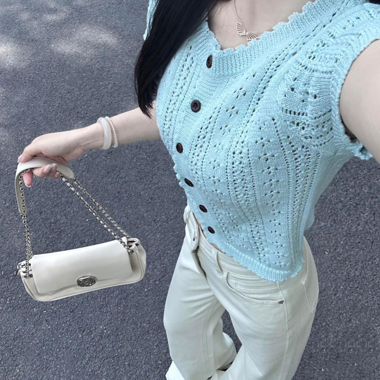 钩花镂空冰丝凉感短袖针织衫女夏季新款绝美超漂亮温柔风短款上衣