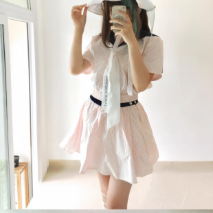 温柔气质甜美少女感减龄元 气粉色波点海军领短袖 衬衫 上衣半裙套装