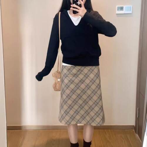 格纹半身裙百搭显瘦a字长裙子女